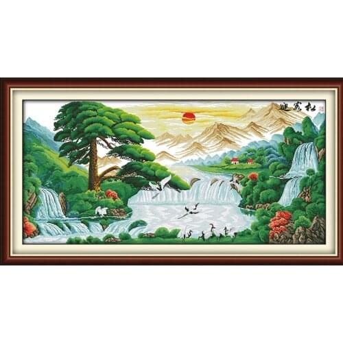 Guest-greeting pine cross stitch kit China mountain 14ct 11ct count printed canvas stitching embroidery DIY handmade needlework