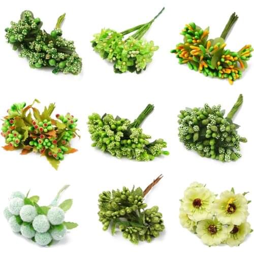 6/10/12/60/70/90/144Pcs Mixed Green Plant Flower Cherry Stamen Berries Bundle DIY Christmas Wedding Cake Gift Box Wreaths Decor