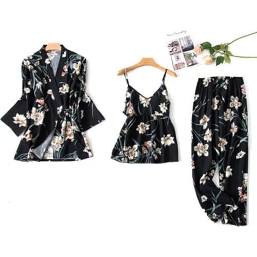 Pajamas Silk Rayon Satin Femme Pajama Set 3 Pieces Stitch Lingerie Robe Pyjamas Women Japanese Style Sleepwear Sweet Pjs