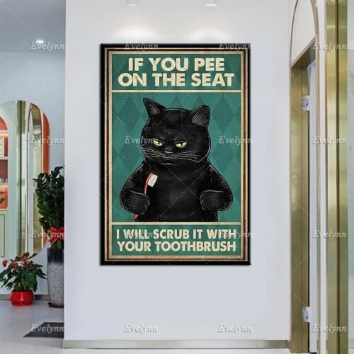 Black Cat Prints | If You Pee On The Seat I'll Scrub It With Your Toothbrush Vintage Poster, Funny Bathroom Decor, Home Decor