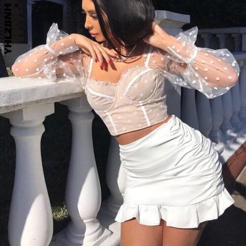 YHLZBNH Spring Women Mesh Wave Point Crop Top Square Neck Long Transparent Puff Sleeve Short Blouses Patchwork Slim Fit Clothes