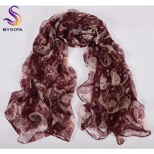 [BYSIFA] Fashion Catoon Cat Silk Scarf Women 2020 New Spring Summer Beach Shawl Cover-ups Female Long Scarves Wine Red Coffee