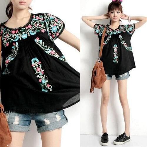 2021 Women Vintage 70s Scallop Hippie Mexican Boho Tunic Ethnic Floral Embroidery Blouse Blusa Feminina Cotton Tunic Tops