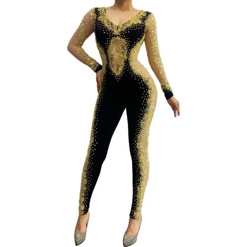Long Sleeves Mesh Gold Stones Jumpsuit Birthday Evening Backless Black Velvet Leggings Bar Female Singer Costume