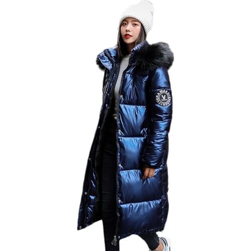 Women X-Long Oversize Blue Down Jackets Thick Casual With Fur Epaulet 2021 Winter Female Down Coats Hooded Solid Piumini Donna