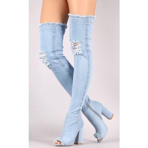 Hot Selling Denim Blue Over The Knee Boots Sexy Chunky Heels Tight High Boots Women Jeans Peep Toe Gladiator Sandal Boots