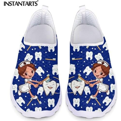 INSTANTARTS 2021 Lovely Cartoon Nurse Girls Brush Tooth Pattern Mesh Sneaker for Women Comfort Slip-on Flat Shoes Summer Zapatos