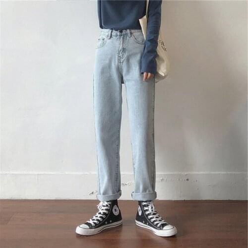 High Waist Womens Loose Jeans 2021 Autumn Cotton Pocket Washed Straight Leg Baggy Jeans Casual Light Blue Calça Jeans Feminina