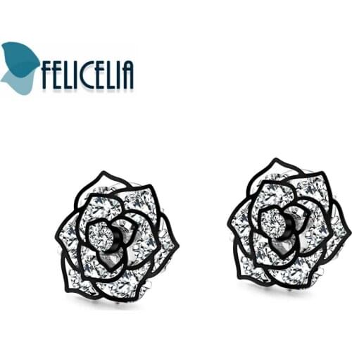 Felicelia Fashion Women Earrings Vintage Pierced Black Hollow-out Rose Flower Cubic Zirconia Stud Earrings Jewelry