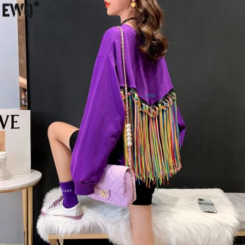 [EWQ] Autumn Women Fashion Colorful Patchwork Tassel Sweatshirt Female O Neck Long Sleeve Black Loose Streetwear Pullovers Top