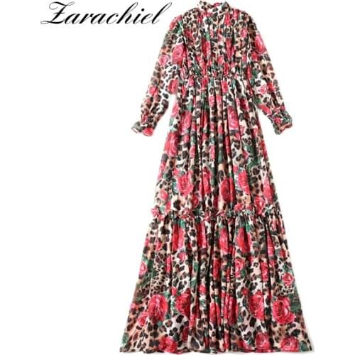 Fashion Runway 2021 Spring Autumn Women Stand Collar Petal Sleeve Flower Leopard Print High Elastic Waist Boho Beach Long Dress