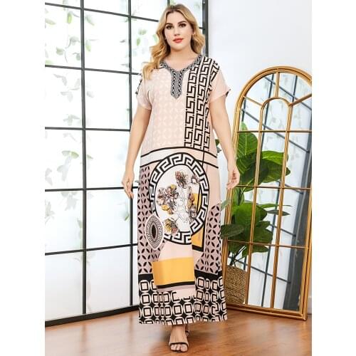 New Vestidos Summer Women Printed Maxi Dress Short Sleeve Ethnic Robe Female Loose Gown Ladies Ethnic Garment Long Dress K1473