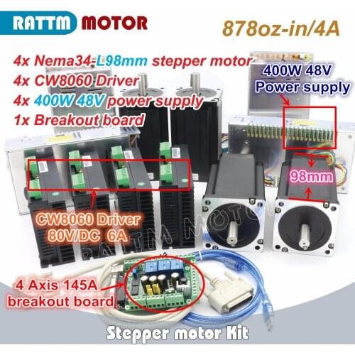 4 Axis NEMA34 878oz-in CNC controller Kit Single shaft stepper motor + CW8060 Driver 6A 80V/DC for Large size Router Milling