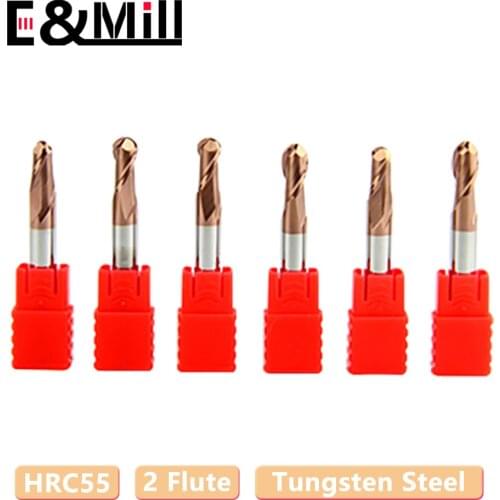 HRC55 2 Flute Carbide Tungsten Steel Ball End Mill R5 Coated Round Head Spherical End Mill for Straight Shank Steel 1-20mm tool
