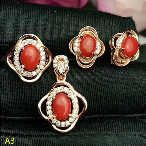 KJJEAXCMY Boutique jewels 925 pure silver inlaid large natural red coral female pendant pendant ring 3 sets of gold