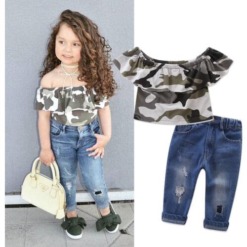 2pcs Fashion Girls Clothing Set 2019 Summer Baby Girls Clothes Camouflage Top Ruffles+Denim Hole Pant Children Clothing Ailing