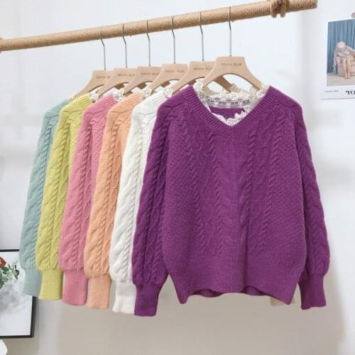 Lace stitching V-neck twist sweater female Japanese gentle wind loose hedging lazy spring bottoming knitted top