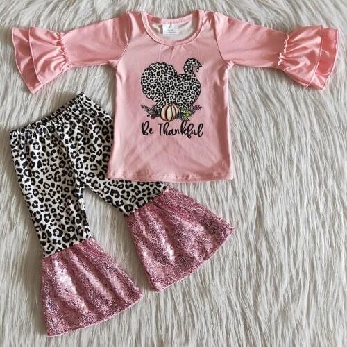 Hot sale baby girls clothes Turkey print Thanksgiving children clothing kids designer clothes girls boutique bell bottom outfits
