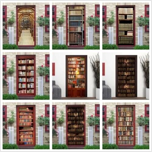 Wallpaper for Door Library Vinyl DIY Self-adhesive Waterproof Poster Retro Wood Sticker Home Decor Wall Mural Decals deursticker