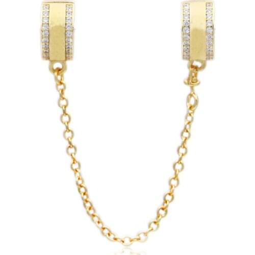 Original 925 Sterling Silver Charm Gold Color Insignia With Crystal Safety Chain Clip Beads Fit Pan Bracelet DIY Jewelry