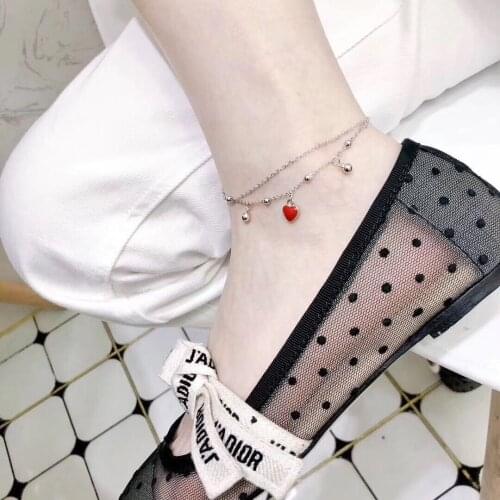 Whole 100% Real 925 Sterling Silver Exquisiteness Anklets with Love Heart Polishing Beads Surround Ankle Summer Fine Accessories