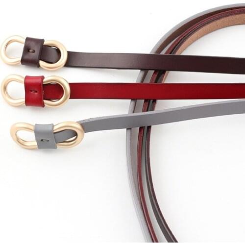 Fashion Womens Genuine Leather Straps Thin Cowhide Belts Female Gold Buckle Ladies Waist Belt for Dress Jeans Waistband