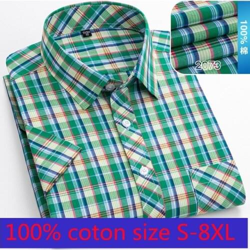 100% Cotton New Arrival High Quality Summer Thin Plaid Loose Short Sleeve Casual Dress Shirts Plus Size M L XL -4XL5X6XL 7XL 8XL
