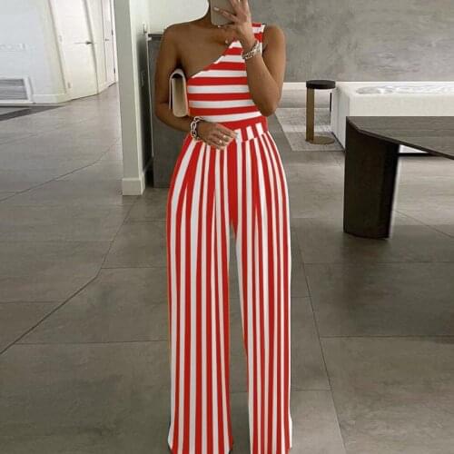 Sexy One Shoulder Romper Bodysuit Women Elegant Stripe Print Wide Leg Jumpsuit Lady Summer Causal Off Shoulder Overalls Playsuit