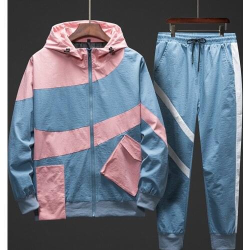 Tracksuit Set Men Spring Autumn Sport Suit Hooded Sweatshirts+Pants Hip Hop Patchwork Two Piece Set For Men Sweatsuit Clothing