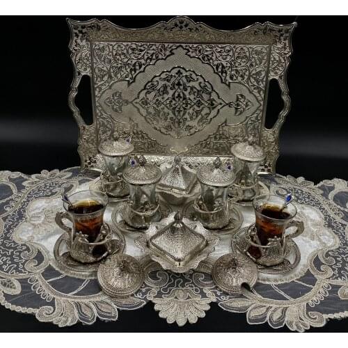 Turkish Arabic Indian Royal Tea Set for 6 - Tea Glasses with Brass Holders, Lids, Saucers, Tray, Tea Cups, Authentic Tea Serving