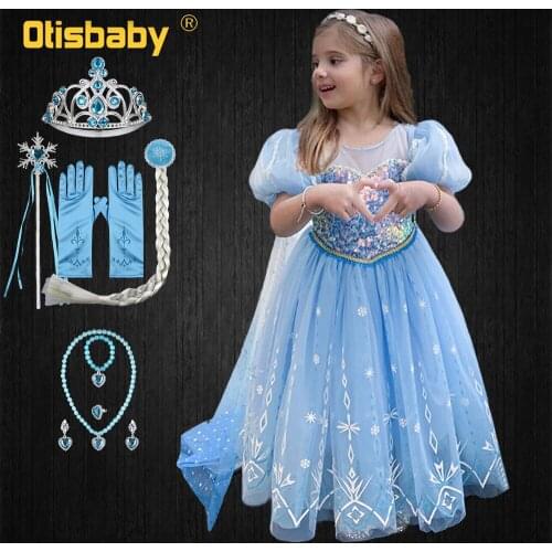 Birthday Gorgeous Big Puff Sleeve Princess Dresses with Long Tail Snow Queen Sequin Snowflake Dress Halloween Fairy Elsa Costume