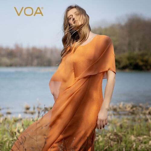 VOA Silk Jacquard Round Neck Large Swing Resin Solid Color Stitching Stitching Pleated Three-quarter Sleeve Long Dress AE1081