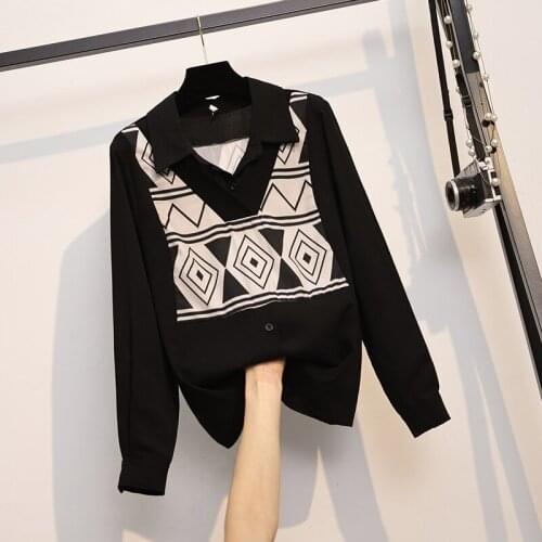 Black Printed Long Sleeved Plus Size Korean Autumn Elegant Fashion Blouses And Tops WomenS Oversize Shirt Clothing 2021 Female