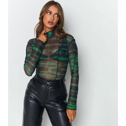 Women’s Tie-dye Mesh Sexy T shirts Exposed Navel Pullover Long Sleeve Tops Club Party Top Summer Streetwear 2021