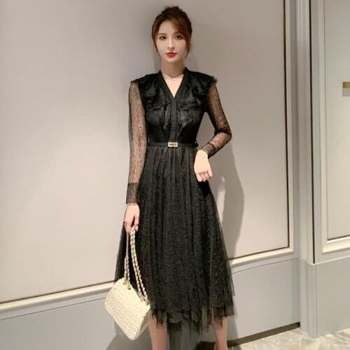 Woman Dress 2020 Autumn Winter Mesh Patchwork Cake Style Pleated Dress Ladies with Belt Midi Asymmetrical Black Dress for Woman