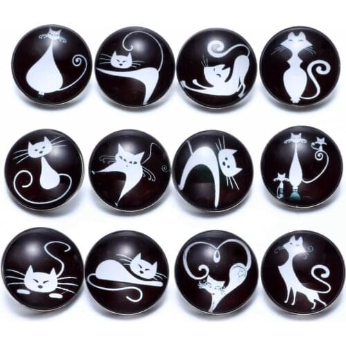 12pcs/lot Cute Art Cat Pattern Multi Cat Themes Glass Charms 18mm Snap Button Jewelry For DIY 20mm Snaps Bracelet Snap Jewelry