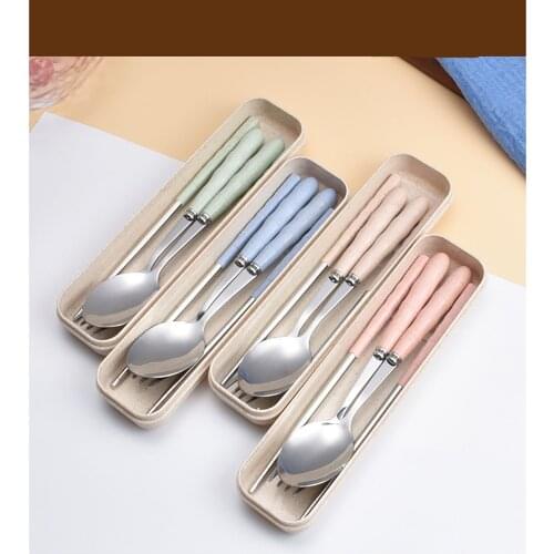2-in-1 Portable Reusable Stainless Steel Spoon Chopsticks Set Travel Set Plastic Case Tableware Cutlery Set Kitchen Tool #30