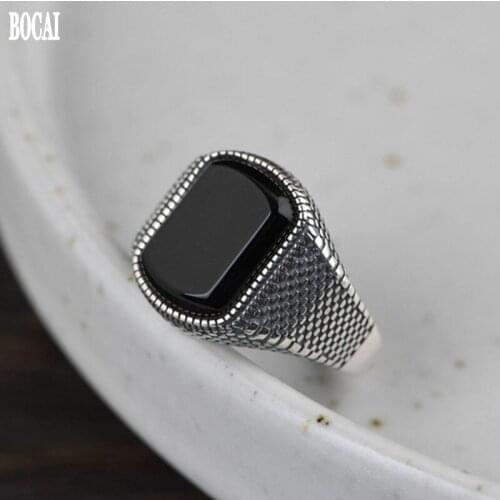 100% S925 real silver vintage Thai silver index finger ring for men fashion square black agate adjustable men and women rings