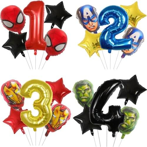 5PCS Spider-man Superhero Helium Balloons Cartoon The Avengers 30inch Number Foil Balloons Birthday Party Decor Kids Toys