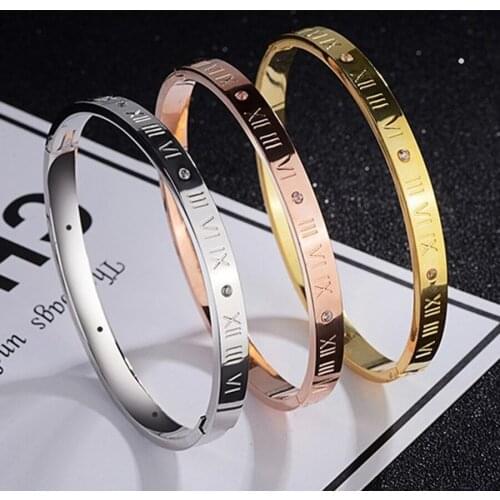 New Fashion Titanium Steel Rome Number Rhinestone Bracelets Jewelry for Women Men Lover Bangle Bracelets Pulseiras Bangles