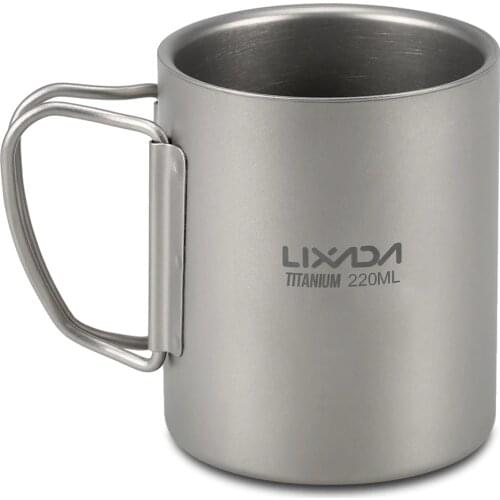 Lixada 220ml / 450ml Titanium Double Wall Cup Dorable Water Coffee Tea Cup Mug with Foldable Handle For Picnic Camping Hiking