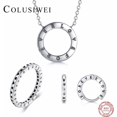 COLUSIWEI Real 925 Sterling Silver Forever Love Sets Romtastic Ring Fine Pendant Necklace Earrings For Women Anniversary Jewelry