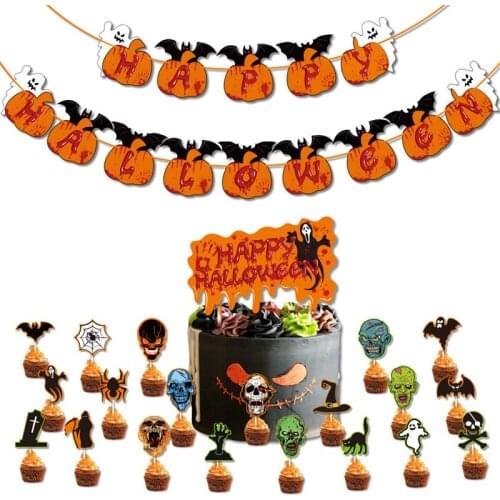 Halloween Party Banner Decoration Happy Halloween Pull Flag Pumpkin Bat Ghost Banner Cake Insert Card