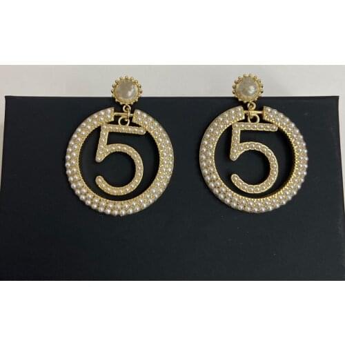 Hot Brand Fashion Bowknot Jewelry Gold Color Letter 5 Big Camellia Tassel Pearls Design Wedding Party Earrings