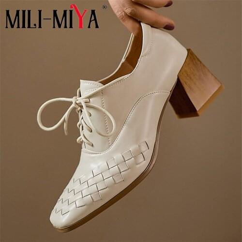 MILI-MIYA Fashion Square Toe Women Genuine Leather Pumps Thick Heels Lace Up Solid Color Plus Size 34-42 Office Career Shoes