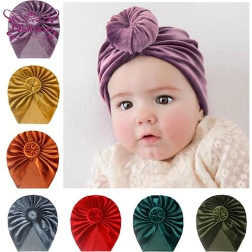Nishine Soft Skin-friendly Warm Gold Velvet Infant Hat Solid Color Handmade Donut Baby Caps Clothing Decoration Kids Accessories