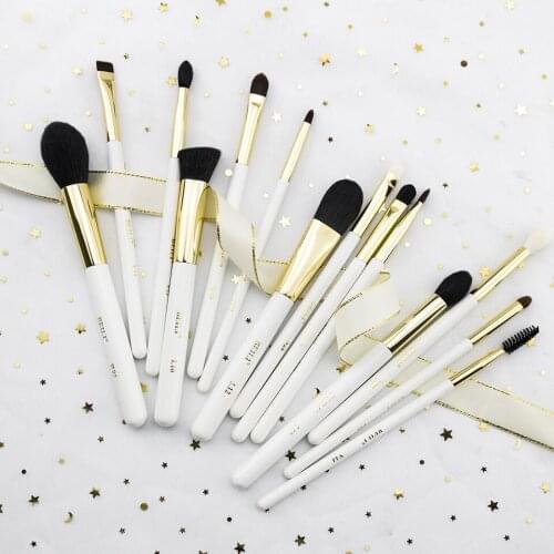 BEILI 14 pieces Goat hair Professional Makeup brush set Highlight Foundation Eye blending Eye pencil Pearl White Gold Handle