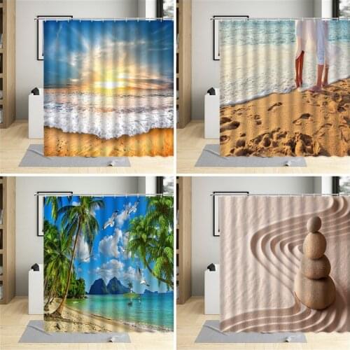 Summer Seaside Shower Curtain Sea Beach Shell Bathroom Decor Palm Tree Ocean Scenery Curtains With Hook Waterproof Wall Covering