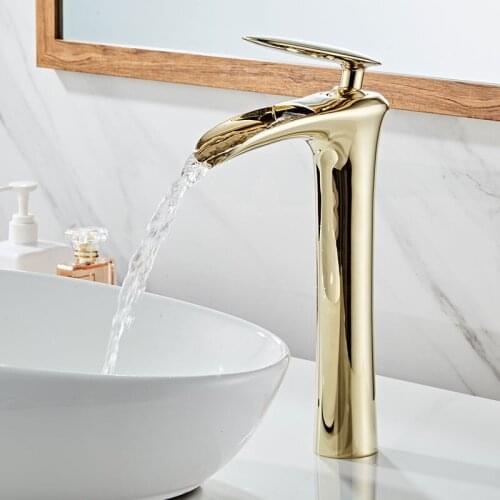 Basin Faucet Bathroom Sink Tap Brass Gold New single lever bathroom Waterfall mixer crane Hot and Cold