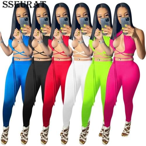 SSEURAT Sexy 2 Two Piece Sets Womens Vacation Outfits Summer Hollow Out Cross Halter Crop Top and Sports Pant Suits Club Outfits
